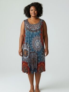 Bishuige Sleeveless Midi Dress Mandala Print Pockets NWT